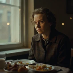 4 k remaster extremely detailed cinematic movie still from soviet movie a soviet woman sitting at a table next to the window with food, dark warm light, a character portrait by margarita terekhova, movie stalker solaris film still by andrei tarkovsky, 8 k, close - up bokeh, gelios lens, color, noir