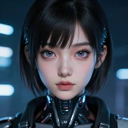 A potrait of a cyberpunk cyborg girl with big and cute eyes, fine-face, realistic shaded perfect face, fine details. Night setting. Very anime style. Realistic shaded lighting poster by Ilya Kuvshinov katsuhiro, magali villeneuve, artgerm, Jeremy Lipkin and Michael Garmash, Rob Rey and Kentarõ Miura style, trending on art station