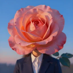 closeup, large rose flower head, frontal, girl in a suit, surreal photography, sunrise, blue sky, dramatic light, impressionist painting, digital painting, artstation, simon stalenhag