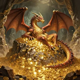 giant dragoness dragon lounges on a hoard mountain of gold coins in a massive cave wide shot # anime # rendered # raycasting # vfx # photorealism cartoon illustration artwork detailed fantasy artstation epic game art