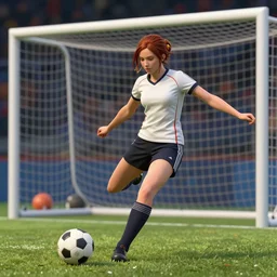 Katniss Everdeen as a footballer about to kick a ball into a goal, high shutter speed, sports photography, taken from behind, person fills the frame, at the World Cup