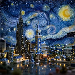 A porcelain city model at a starry night, city led lights, tilt shift, high contrast, reflections, Octane renderer, pristine quality wallpaper
