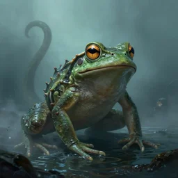 cthulhu frog emerging from the ocean, full body shot, matte painting, glorious, unsettling, misty, by lovecraft and greg rutkowski, luis royo and wayne barlowe, artstation
