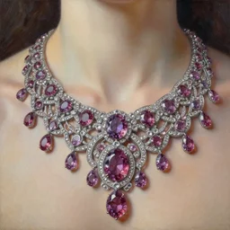 highly detailed oil painting, very realistic gemstones, art nouveau, ornate, delicate, brilliant precious gemstones necklace, dramatic light,