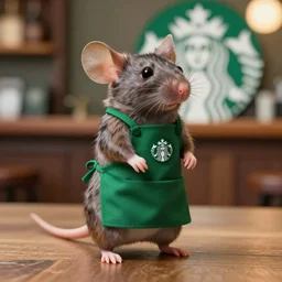 a bipedal mouse is a starbucks barista wearing green apron, detailed hyper realistic digital art cg sharp focus photography 35mm