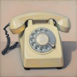 a painting of a rotary dial phone, abstract painting in the style of Sophie Taeuber-Arp and Gary Hume and Tatsuro Kiuchi, flat colour-block style, geometric abstraction, earthy pastel colours