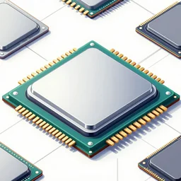 highly detailed and intricate technical illustration of a graphics processing unit chip, in a retro-futuristic style, set against a featureless deep blue background. Art by Toni Bratincevic, trending on artstation
