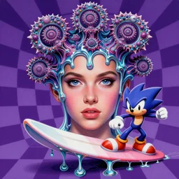 surreal, recursive fractals, sharp, detailed professional, high quality portrait sonic airbrush art MGMT tame impala album cover portrait of a liquid dissolving LSD DMT sonic the hedgehog surfing through cyberspace, purple checkerboard background, 1990s 1992 Sega Genesis video game album cover