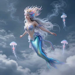 Full body photo of the most beautiful goddess, she has a jellyfish-phoenix head's and a siren body, some tentacles are on her body, she flying to heaven through the clouds, she is swimming with some chrysaora hysoscella, there is smoke behid her, by Tooth Wu, trending on Artstation, digital art, symmetrical artwork, cinematic, hyper realism, high detail, octane render, 4k, 8k