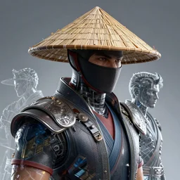 hyper realistic, highly detailed hybrid of raiden from mortal kombat, and raiden from metal gear solid wearing a conical rice hat. portrait, stephen bliss, unreal engine, greg rutkowski, beeple global illumination, translucent, sub - surface scattering, detailed and intricate environment
