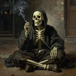 a skeleton in a hoodie sitting on the street smoking a cigarette at night, Oil painting, atmospheric lighting, highly detailed Rembrandt van Rijn, Aert de Gelder, Esaias van de Velde