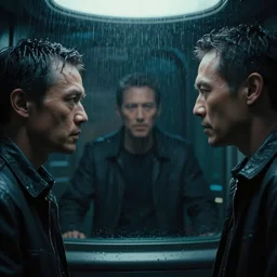 close - up of characters talking inside a small room. architecture by syd mead. thick rain. grizzled. screenshot from the liveaction cyberpunk detective show. moody. masterpiece, magnum opus, monumental achievement, classic gem. octane render. nvidia amd graphics demo. lighting by james gurney. trending. artstation cgsociety behance. 4 k. beyond style stylish polished slick smooth spectacle spectacular fantastic staggering stunning flashy.
