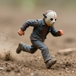 action photography, long shot, award winning macro photo of a tiny ultra detailed jason voorhees running very fast on mud, dirt and dust, fast shutter speed, motion blur, tiny gaussian blur, highly detailed, highly intricate, depth of field, national geographic
