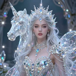 epic ultra detailed realistic portrait of beautiful queen made of s crystals magic sparkels diamonds neon lights and translucent fabric. in the unicorn's garden. surrealistic magic, concept art, sharp foccus. intricate, elegant. by basil gogos. art by wlop and artgerm and greg rutkowski and andrei riabovitchev