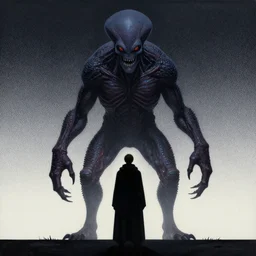 a monsterous chtulu is connected with a man in a long cloak, symmetrical, cinematic, dot gradient, acryl on canvas, vector, james jean