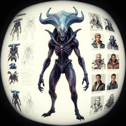 the mindflayer design, character sheet, Moebius, Greg Rutkowski, Zabrocki, Karlkka, Jayison Devadas, Phuoc Quan, trending on Artstation, 8K, ultra wide angle, zenith view, pincushion lens effect.