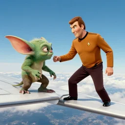 Captain Kirk fighting a gremlin on the wing of a plane