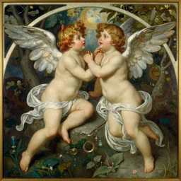 an idyllic scene with winged cherubs in the style of bouguereau, art nouveau, symbolism, oil on canvas, highly detailed, naturalism, magic