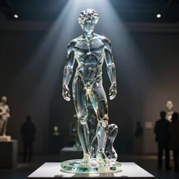 a statue of a beautiful young fit man made of transparent glass, on a pedestal, front view, by philippe starck and victoria hagan, cinematic lighting, sunrays from above, detailed digital photography by rutkovski and beksinski, masterpiece, gorgeous, 4 k
