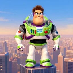 portrait John Goodman Carl Fredricksen wearing a wreck-it ralph shrek toy story Buzz Lightyear costume head eyes with yoked burly physique stands atop a skyscraper norman rockwell brad rigney winslow homer greg rutkowski stop-motion dreamworks pixar