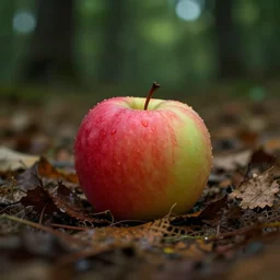 An apple laying in the leaves in a forest, octane render, volumetric lighting, depth of field, ambient occlusion, photorealistic, 4K