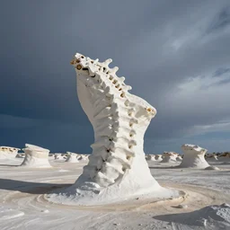 wide landscape photo of a white desert pedestal rock formation in the distinct shape of a spine vertebrae!!!!!!!!