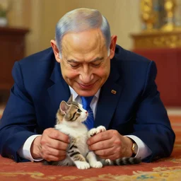 benjamin netanyahu smiling blushing while playing with a kitten on a carpet, lying on carpet, vivid colors, warm, sharp, highly detailed, digital painting