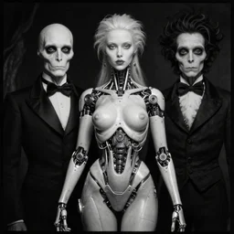 half - human cyborg nymphette, portrait by tony diterlizzi and h. r giger, ilford hp 5, 5 5 mm, hyper realistic, hyper - mechanistic 3 d render by artgerm, unreal 5, gothcore, disturbia, joseph christian leyendecker, tim burton and beeple