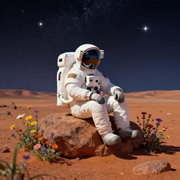 an astronaut sitting on a rock on Mars surrounded by flowers, with the sky full of stars, digital art, trending on artstation, HDR, By Thomas Kinkade
