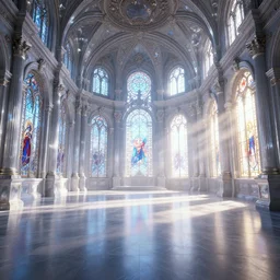 3 d game cg, empty hall of a crystal baroque palace in the morning, the sun shines through the stained glass, god rays, greg rutkowski, james gurney, johannes voss, unreal engine, hyperdetailed, 4 k