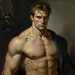 investigiator of arkham horror, male, muscular, detailed face, gorgeous, amazing, muscular, intricate, highly detailed, lovecraft illustration, painting by Gaston Bussiere, Craig Mullins