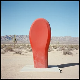 red mark suvero sculpture installed in the californian desert, 3 0 0 mm telephoto, kodak 4 0 0, 1 9 8 4 photo