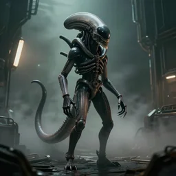 Xenomorph standing still with dim lights behind him foggy environment, science fiction industrial hard science concept art, 8K render octane high definition cgsociety