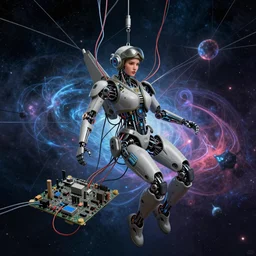 dark realistic : a beautiful robot fighter pilot is suspended by intricate organic and electric connections to the jet cockpit computer motherboard, experiencing the quantum field comic book art cinematic highly detailed realistic beautiful cosmic neural network o