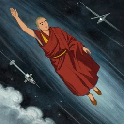 ! dream tibetan monk flying through space, storybook illustration, by rebecca guay, junji ito, lovecraft, trending on artstation,