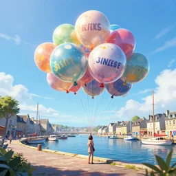 digital art of a maritime port in bretagne with giant birthday balloons, artstation cgsociety masterpiece
