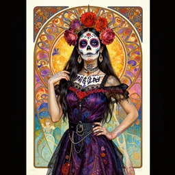 realistic detailed psychedelic poster art of a cute punk goth fractal Día de los Muertos girl posing by Victor Moscoso Rick Griffin Alphonse Mucha Gustav Klimt Lawrence Alma-Tadema Fernanda Suarez Edgar Maxence