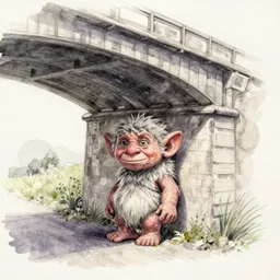 a watercolour and pencil troll living under a bridge
