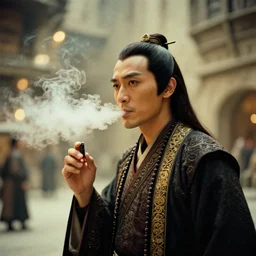 photo of shang tsung vaping in mos eisley, cinestill 8 0 0 t, 8 5 mm f / 1. 8, bokeh, cinematic
