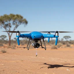 bright blue colored drone aircraft shooting insect pests with a laser in the australian desert, XF IQ4, 150MP, 50mm, F1.4, ISO 200, 1/160s, natural light