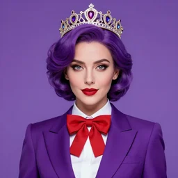 an elegant woman wearing a crown and a red bow tie, purple hair, purple suit, purple background, very beautiful, artstation, high quality, sharp, by greg rutkowski, by artgerm, by alphonse mucha