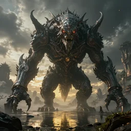 wide angle realistic massive lovecraft creature in a large lanscape, dark science fiction + oriental fantasy, hyper realistic, cinematic lighting, epic cinematic tone, hyper realistic, golden ratio, natural volumetric lighting, high resolution, cinematic composition, realistic lighting, realistic reflection, realistic refraction, subsurface scattering, 4 k postprocessing, sci - fi