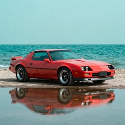 a 1987 iroc z camaro reflecting above a teal ocean
