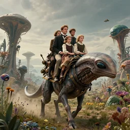 film still from a sci fi blockbuster movie made in 2022, set in 1860, of a family riding on the back of alien creatures, on an alien planet, across an alien landscape that is full of strange wild alien plants and flowers, family are wearing 1850s era clothes, steampunk, cinematic lighting, 4k, in focus faces, good quality photography, oscar winner