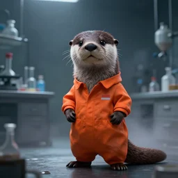 an anthropomorphic otter wearing an orange jumpsuit facing a dark mist in a laboratory,dramatic,digital art,detailed