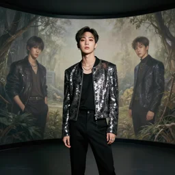 harmony black room, yoongi wearing sparkly sequin jacket, black top, black pants, muted colors, polarizer, nadir lighting, by wlop! james jean, victo ngai, muted colors, highly detailed, fantasy art by craig mullins, thomas kinkade