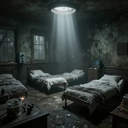 inside an eerie asylum, beds, electro shock equipment, sad, loneliness, god rays, digital art, landscape, fantasy art, octane render, unreal engine, high detail, very realistic, by greg rutkowski. by james gurney