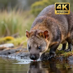 close up photo of a rare thylacine, drinking water from a lake in tasmania, bokeh, 1 0 0 mm lens, 4 k award winning nature photography. masterpiece