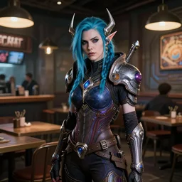 high quality portrait of Kerrigan from starcraft in a cyberpunk cyberpunk cyberpunk cafe, realism, 8k, award winning photo
