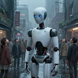 detailed, sharp, A sad robot in a raining city filled with people looking up toward destruction by Anna Dittmannand, by hayao miyazaki, digital art, surreal, trending on artstation, HD, 8K, highly detailed, good lighting. beautiful. epic. masterpiece.